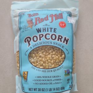 Bobs Red Mill White Popcorn bag with clear window showing popcorn.