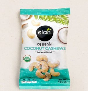 Organic coconut cashews in a resealable bag with coconut and palm leaves design.