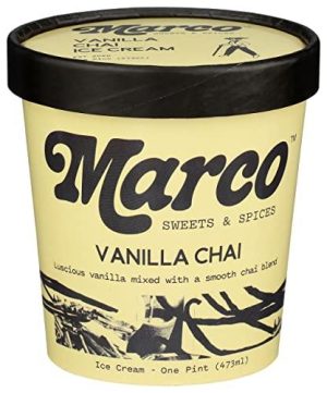 Vanilla Chai ice cream in a cup with vintage design and logo.