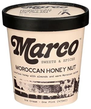 Marco Moroccan Honey Nut Ice Cream in a pint container with black lid.