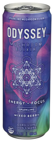 Odyssey Mushroom Elixir can with mixed berry flavor and geometric design.
