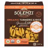 Healthy Roots Solenzi organic turmeric and rice pasta package with pasta pieces visible.