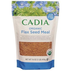 Cadia Organic Flax Seed Meal in resealable bag with blue floral design.