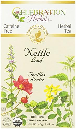 Nettle leaf herbal tea package with botanical illustrations and organic certification.