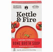 Healthy Roots savory tomato bone broth soup with fresh tomatoes and herbs.