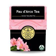 Pau D'Arco Tea box with pink flowers and Buddha Teas logo.