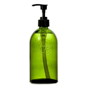 Green glass pump bottle for liquids with a black pump.