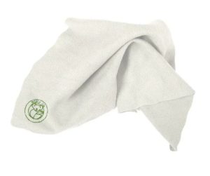 White eco-friendly cleaning cloth with green logo for sustainable cleaning.