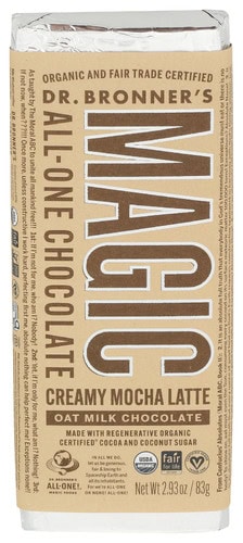 Creamy Mocha Latte oat milk chocolate bar by Dr. Bronner's, organic and fair trade certified.