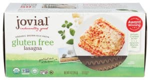 Jovial gluten-free lasagna package with baked lasagna slice image.