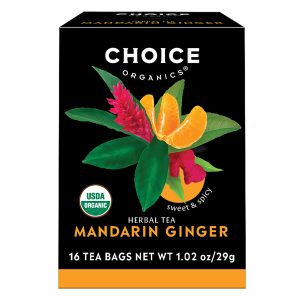 Choice Mandarin Ginger herbal tea box with mandarin oranges and ginger illustration.