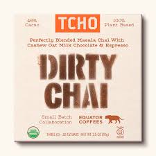 TCHO Dirty Chai coffee box with chai and chocolate flavor details.