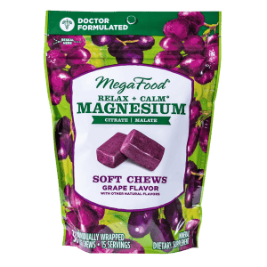Grape flavored magnesium soft chews with grapes on packaging.