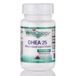 DHEA 25 mg micronized hormone support supplement bottle for stress and brain health.