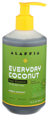 Alaffia Coconut Face Cleanser bottle with pump for all skin types.