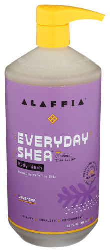 Alaffia Everybody Shea Body Wash Lavender with yellow pump and purple label.