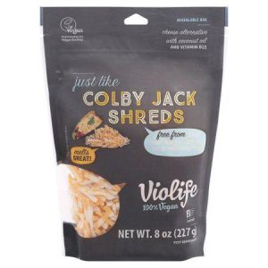 Vegan Violife Colby Jack Shreds cheese alternative with coconut oil and vitamin B12.