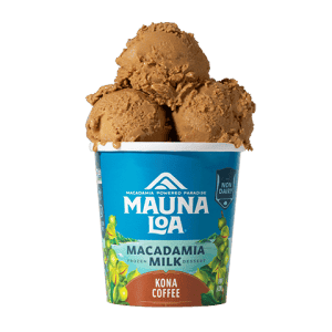 Kona coffee flavored ice cream scoops in Mauna Loa container.