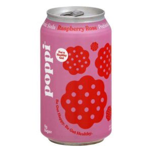 Healthy Roots Raspberry Rose drink can with berry graphics and vibrant pink design.