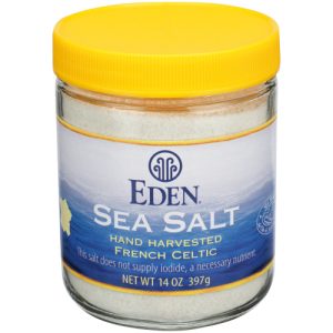 Eden French Celtic Sea Salt in a jar with yellow lid, 14oz.