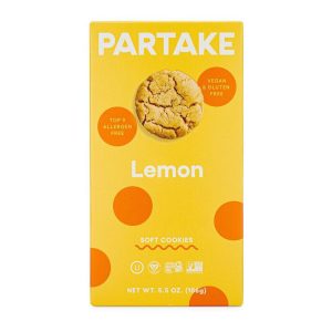 Vegan lemon soft cookies in bright yellow packaging with orange dots.