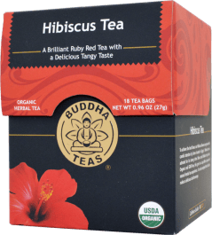 Healthy Roots Hibiscus Tea box with organic certification and hibiscus flower image.