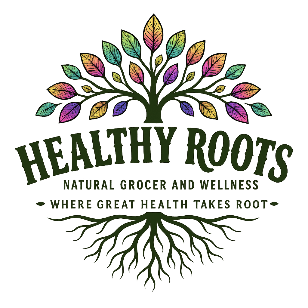 Healthy Roots logo featuring a colorful tree with roots and leaves for wellness.