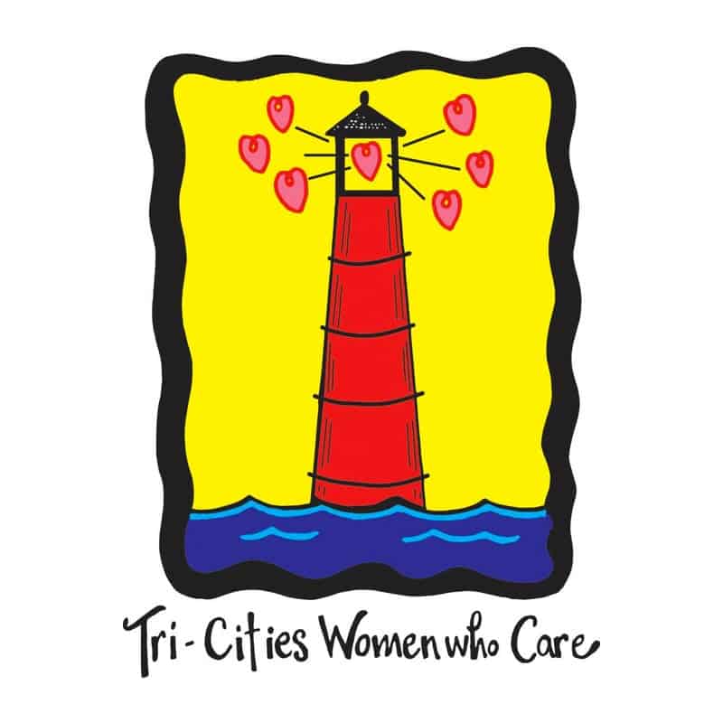 Bright red lighthouse with floating hearts, representing love and care in the Tri-Cities area, symbo