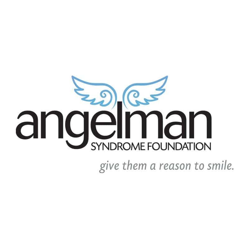 Angelman Syndrome Foundation logo with angel wings graphic and slogan "give them a reason to smile"