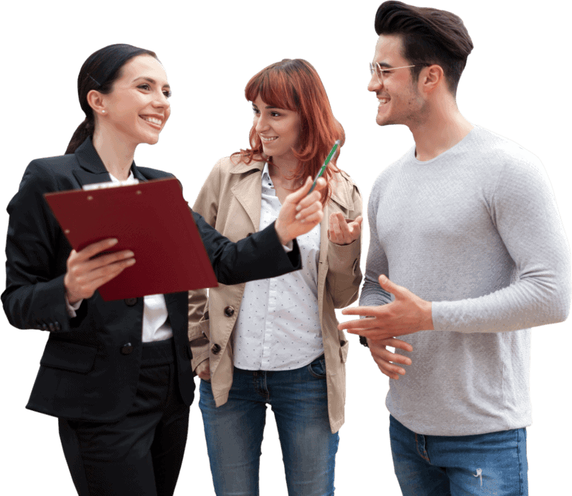 Friendly real estate agents discussing Michigan property listings.