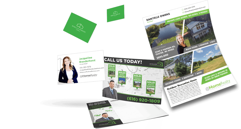 Modern real estate flyer showcasing Michigan homes and property listings by Home Realty.