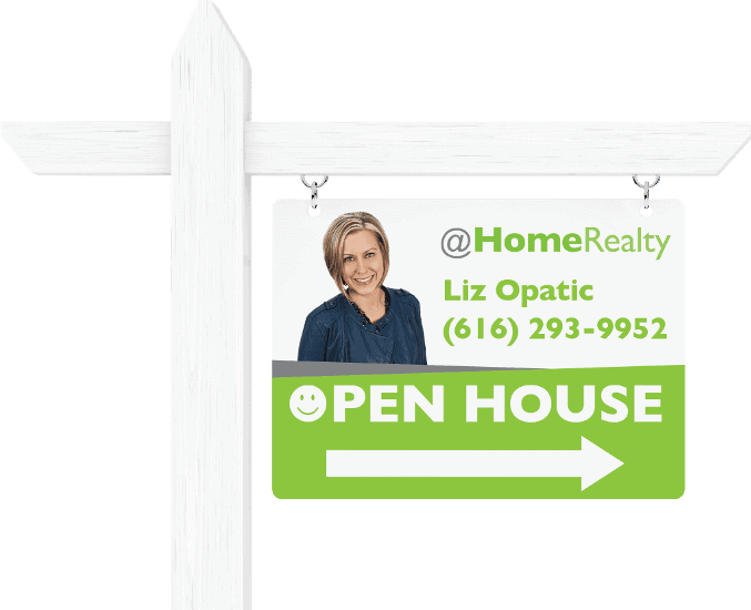 Open house sign with realtor Liz Opatik in Michigan real estate listing, promoting home tours.