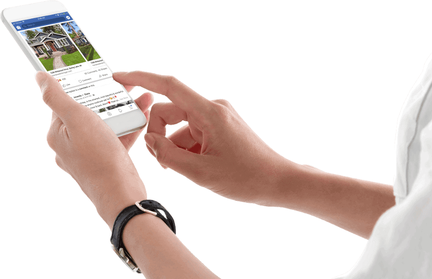 Modern smartphone displaying Michigan real estate listings from HomeReality platform.