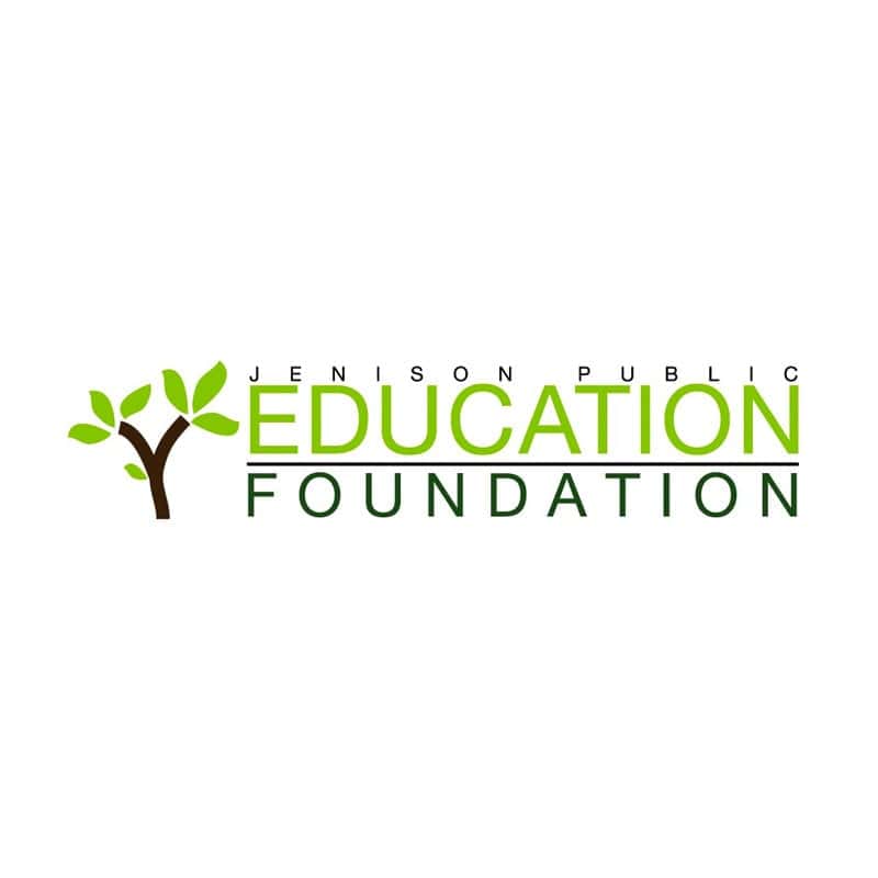 Bright green and brown logo of the Jenison Public Education Foundation featuring a stylized tree wit