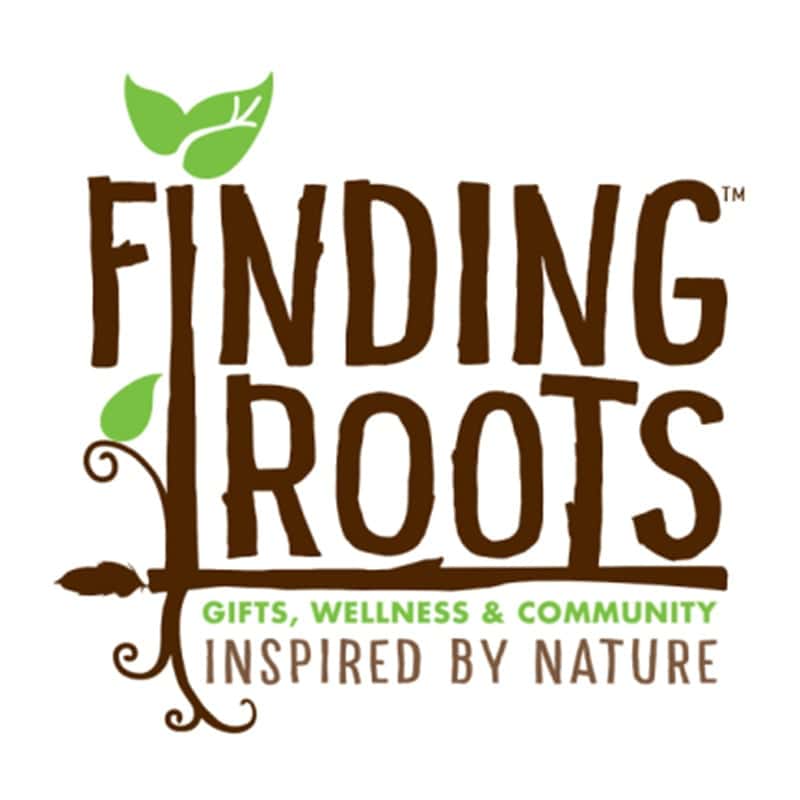 FINDING ROOTS logo representing gifts, wellness, and community inspired by nature, featuring green l