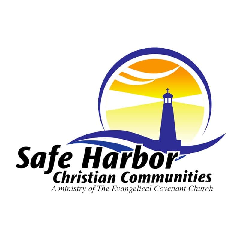 Bright lighthouse illustration with sunset sky, representing Safe Harbor Christian Communities in Mi