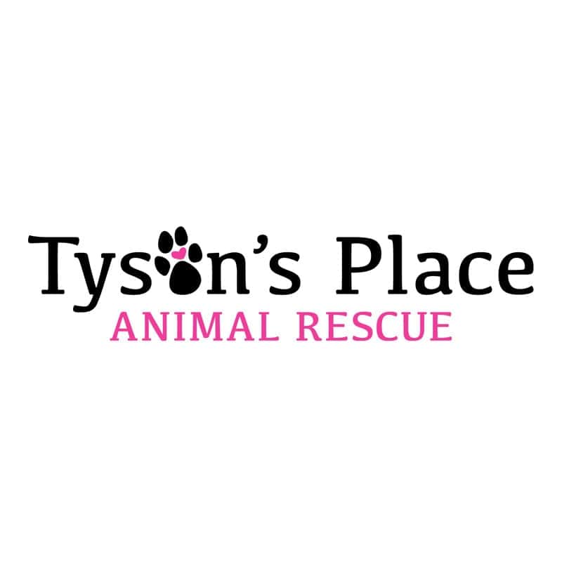 Paw print logo for Tyson's Place Animal Rescue, featuring black and pink accents, representing anima