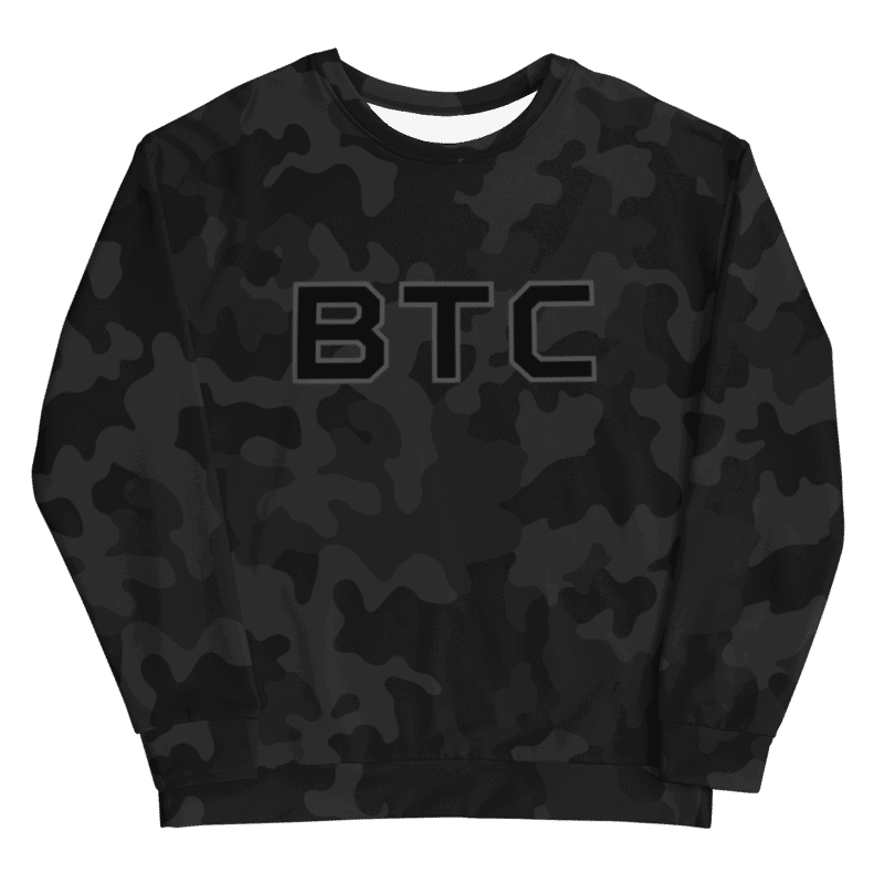 all over print unisex sweatshirt white front 61f5c63b9040a - Bitcoin x BTC Black Camouflage Sweatshirt