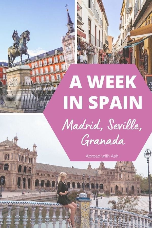 If you’re spending a week in Spain, combining Madrid, Seville, and Granada should be your first itinerary. It’s actually one of my favorite Europe itineraries in general! This 1 week itinerary combines some of the best sights in Spain and is thoughtfully planned so minimal travel time is required between cities. #spain #spainitinerary #europe #travel 7 days in spain