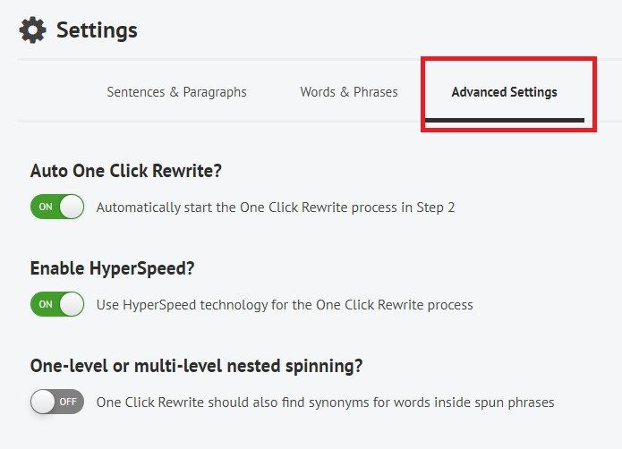 Spin Rewriter advanced settings.
