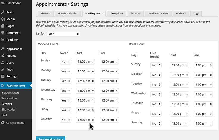 Appointments WordPress booking plugin