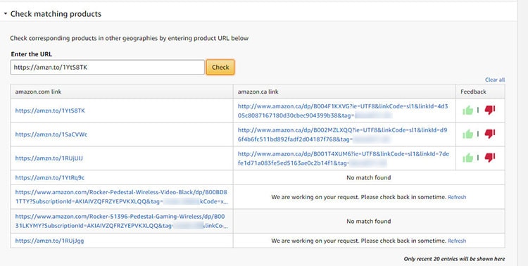 Check matching products in amazon onelink