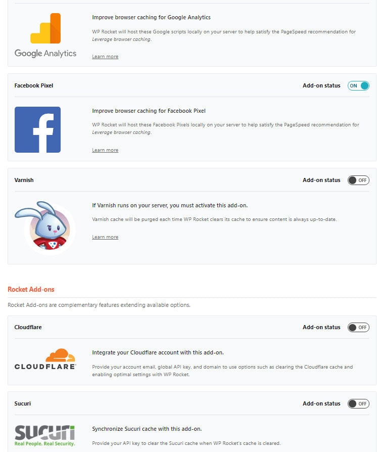wp rocket addons