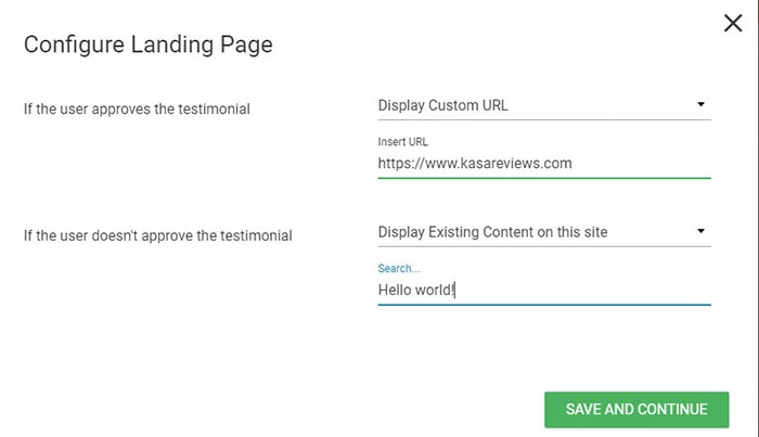 configure landing page for testimonials