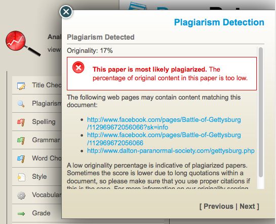 Paper Rater plagiarism detection.