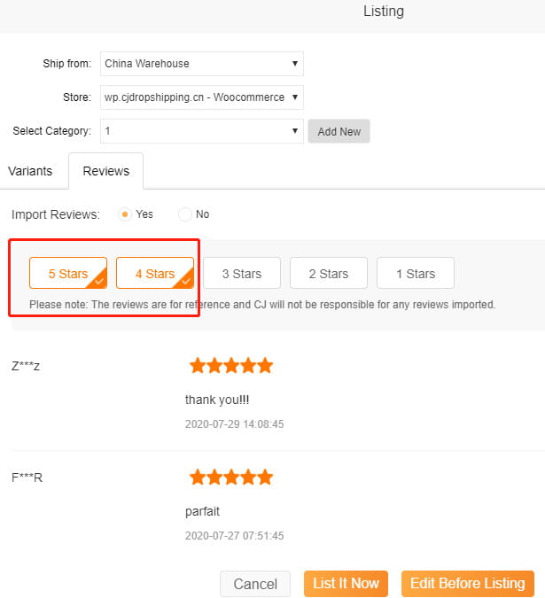 CJdropshipping importing reviews to store.