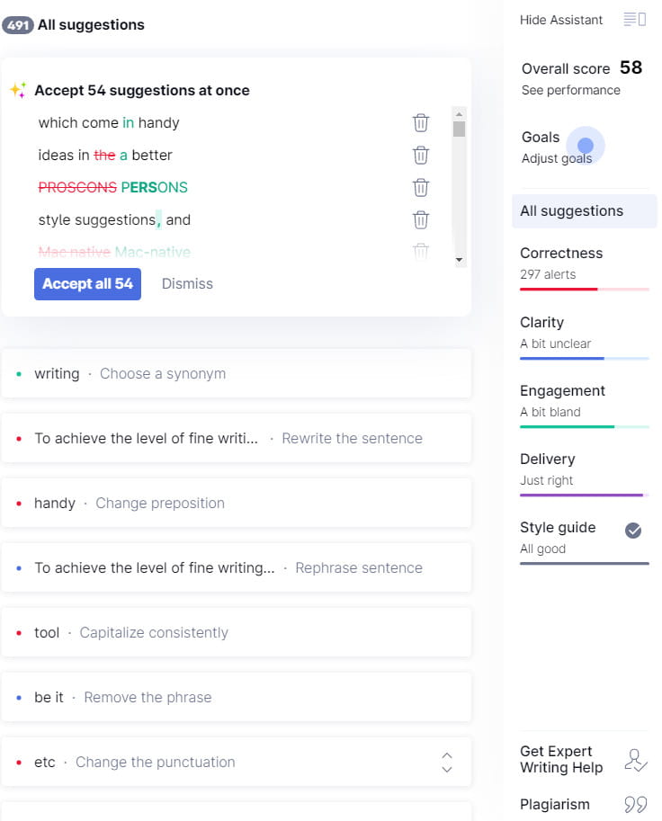 Grammarly suggestions example.