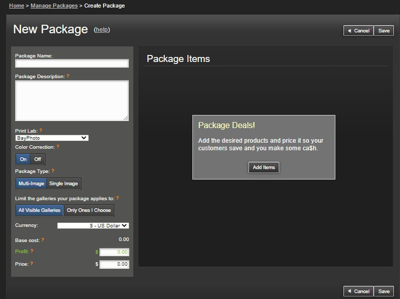 Creating packages with SmugMug.
