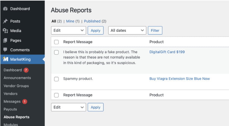 MarketKing abuse reports module.