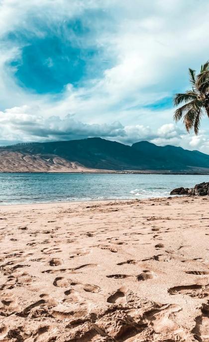 Idyllic tropical beach with palm trees, footprints in the sand, and a distant mountain view.